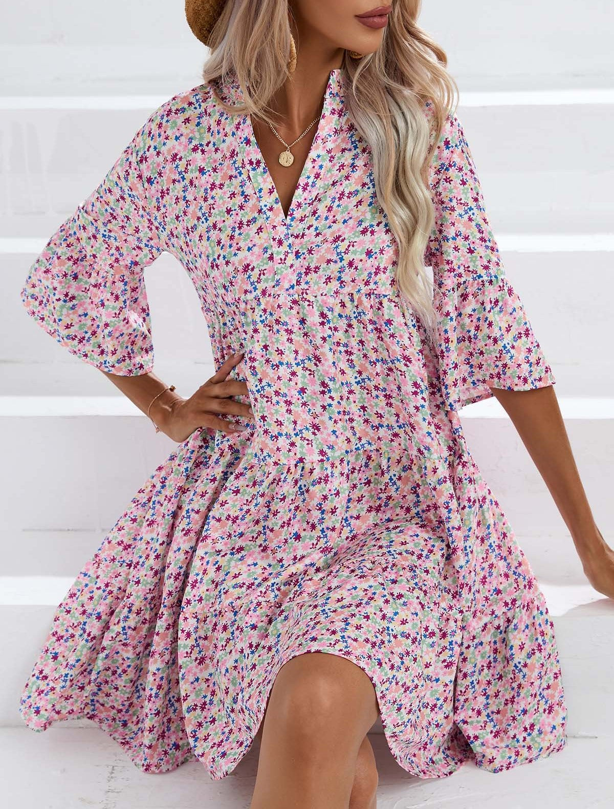 Boho Print Flare Sleeve Tiered Swing Dress - Pink