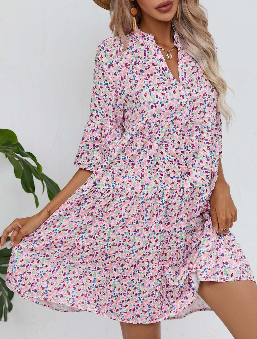Boho Print Flare Sleeve Tiered Swing Dress - Pink - 1