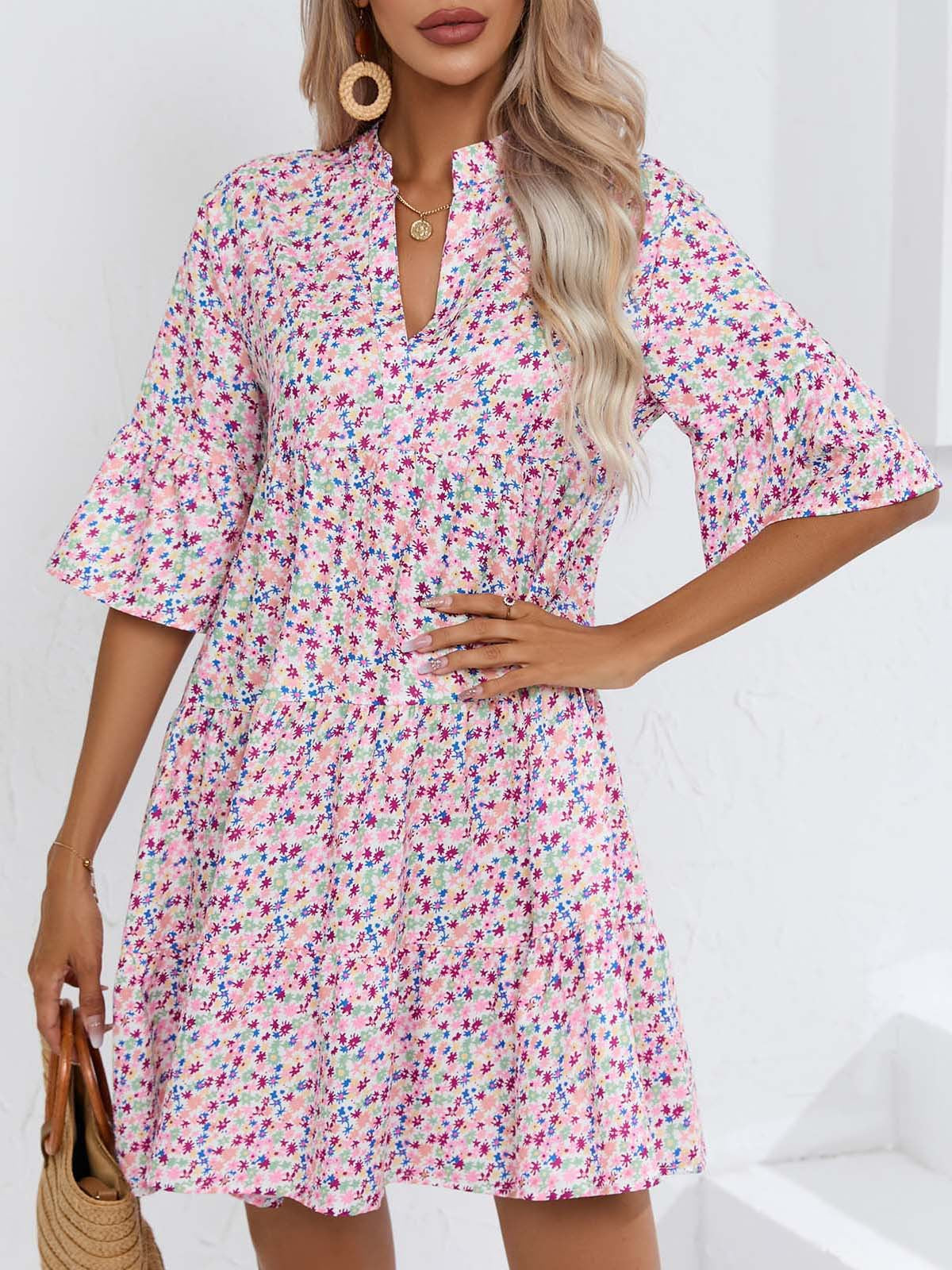 Boho Print Flare Sleeve Tiered Swing Dress - Pink - 2