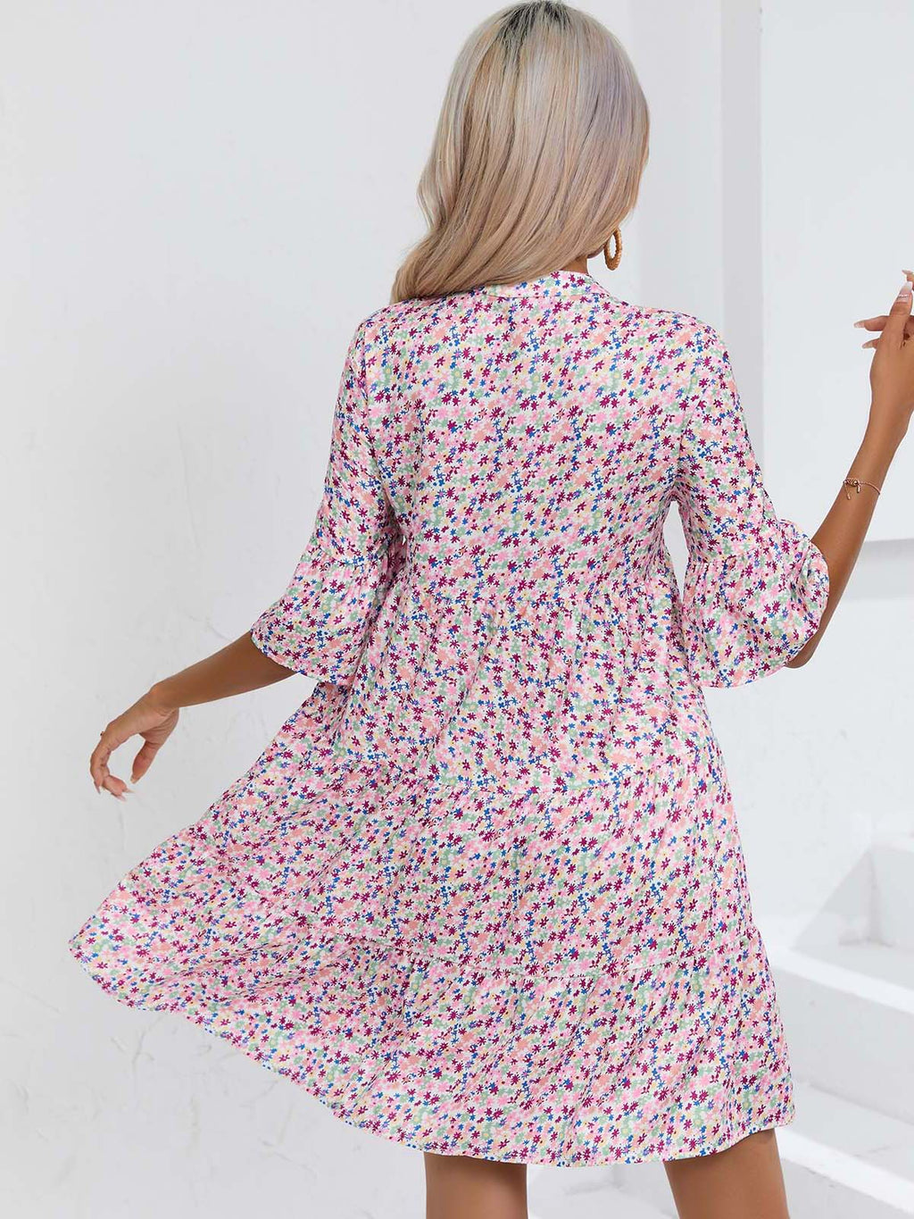 Boho Print Flare Sleeve Tiered Swing Dress - Pink - 3
