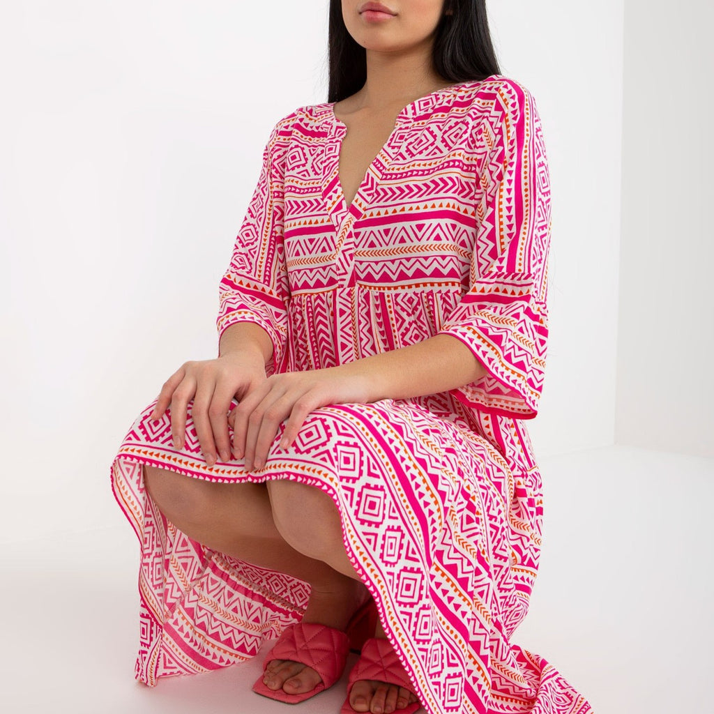 Boho Print Flare Sleeve Tiered Swing Dress - Red - 1