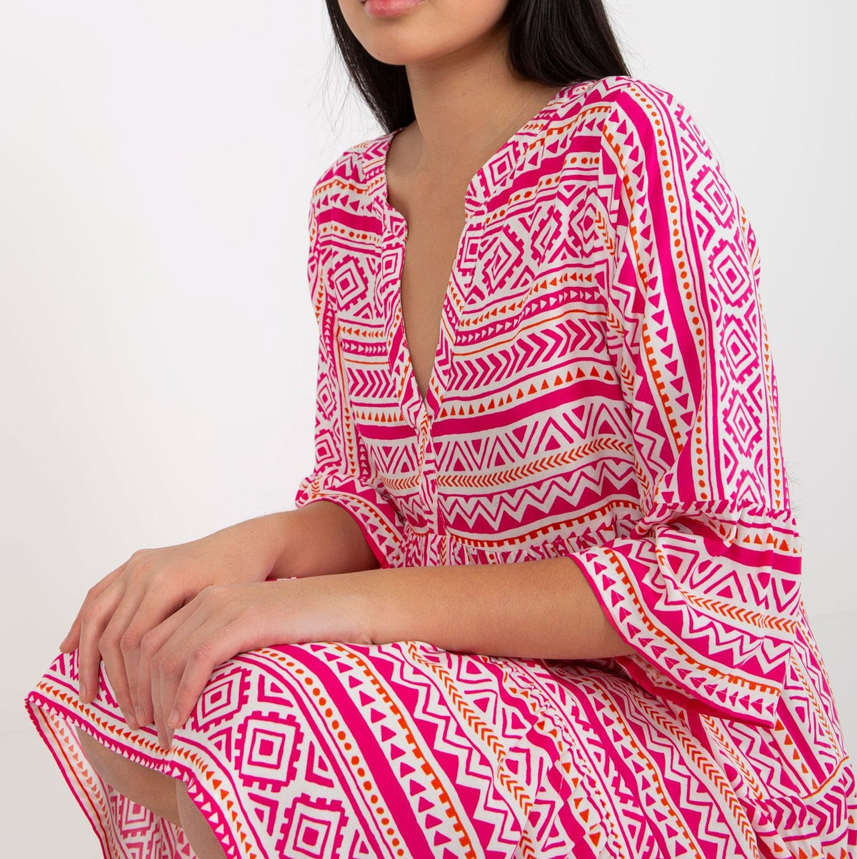 Boho Print Flare Sleeve Tiered Swing Dress - Red - 2