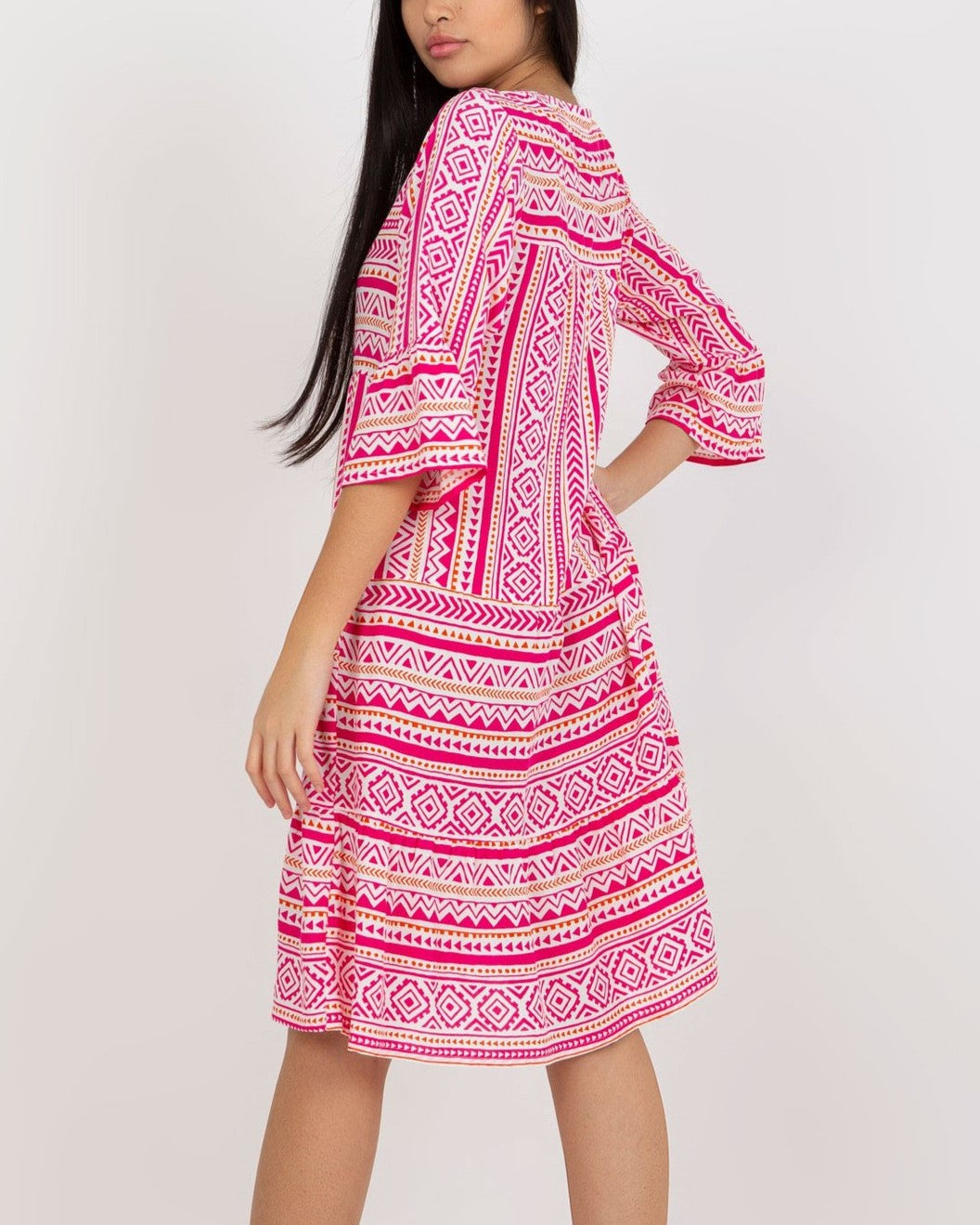 Boho Print Flare Sleeve Tiered Swing Dress - Red - 3
