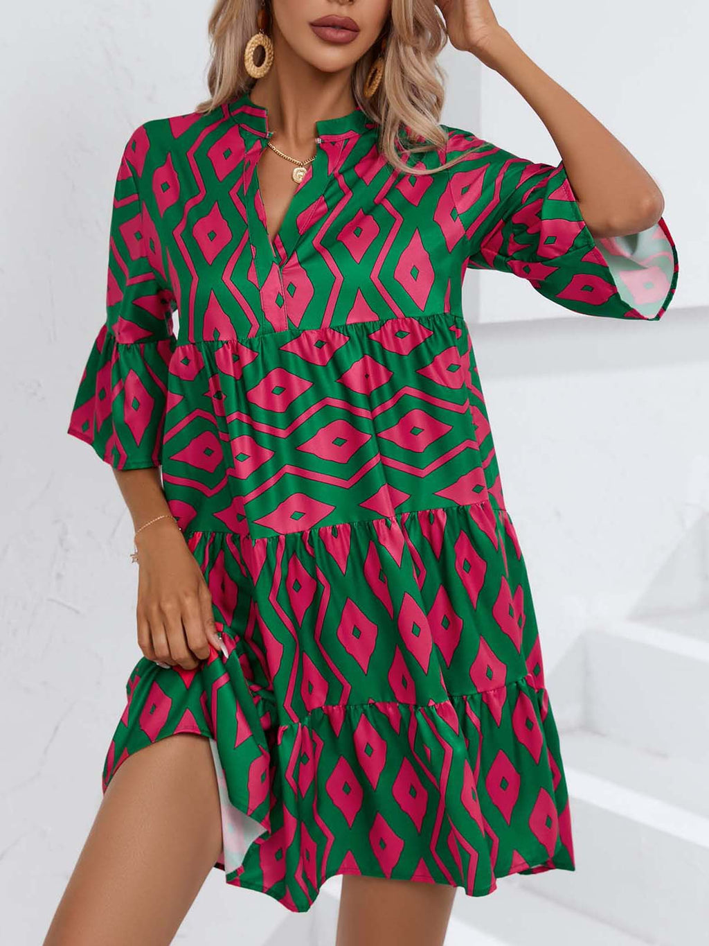 Boho Print Flare Sleeve Tiered Swing Dress