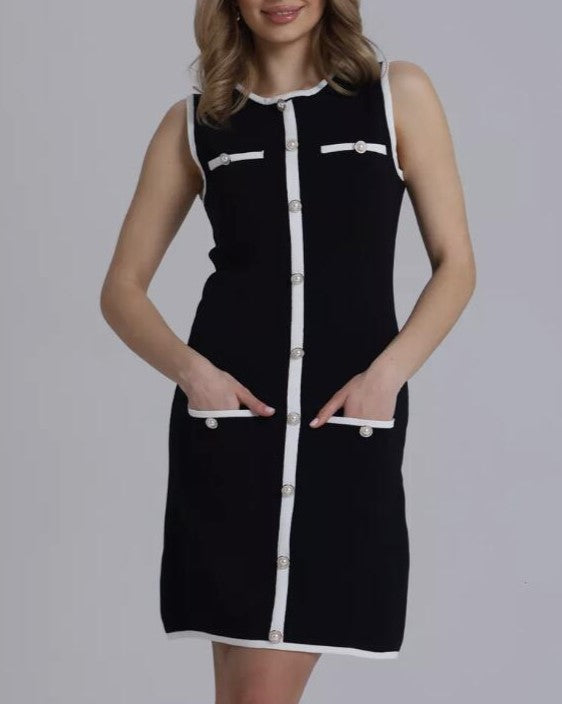 Contrast Trim Knit Sleeveless Shift Dress - Black