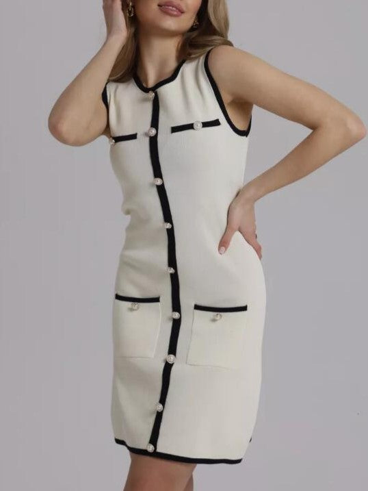 Contrast Trim Knit Sleeveless Shift Dress - White