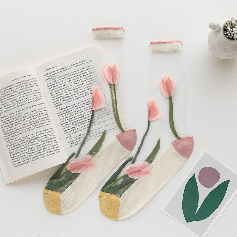 Sheer Tulip Embroidered Crew Socks - Pink