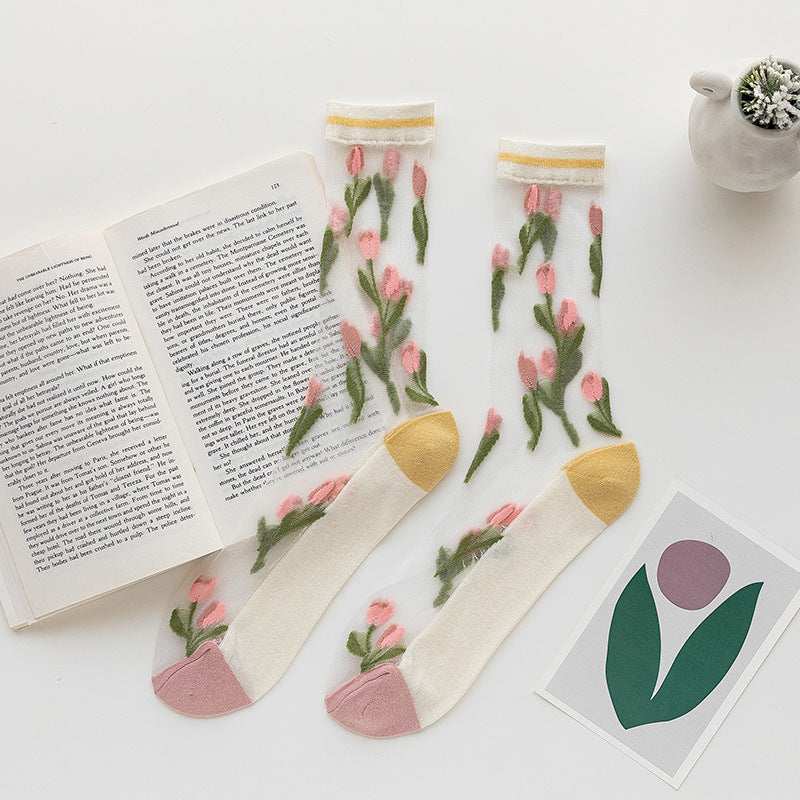 Sheer Tulip Embroidered Crew Socks - Turmeric