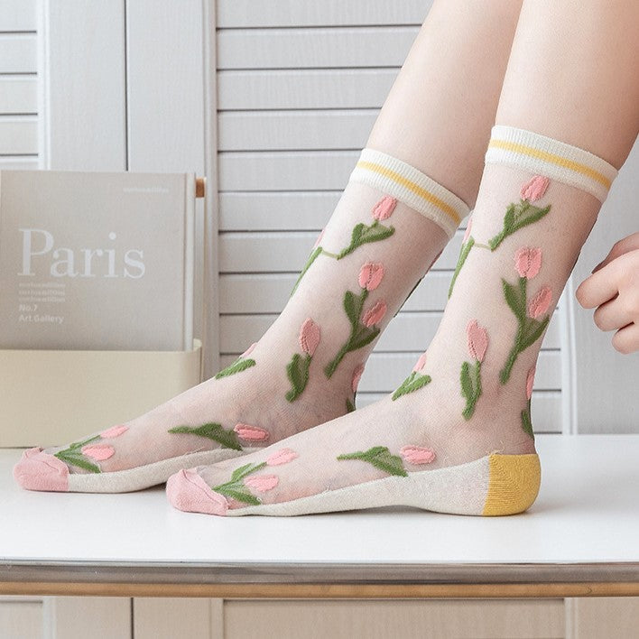Sheer Tulip Embroidered Crew Socks - Turmeric - 1