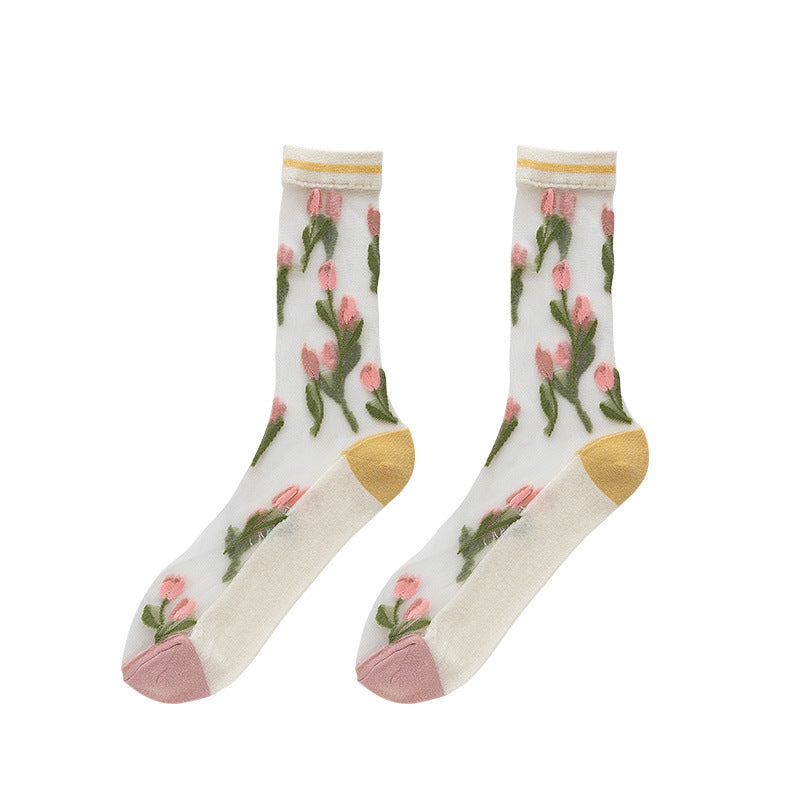 Sheer Tulip Embroidered Crew Socks - Turmeric - 3