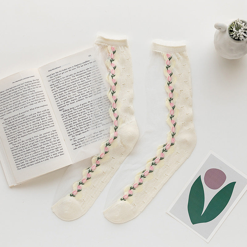 Sheer Tulip Embroidered Crew Socks - Yellow