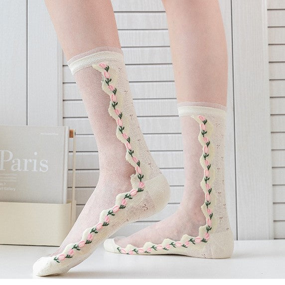 Sheer Tulip Embroidered Crew Socks - Yellow - 1