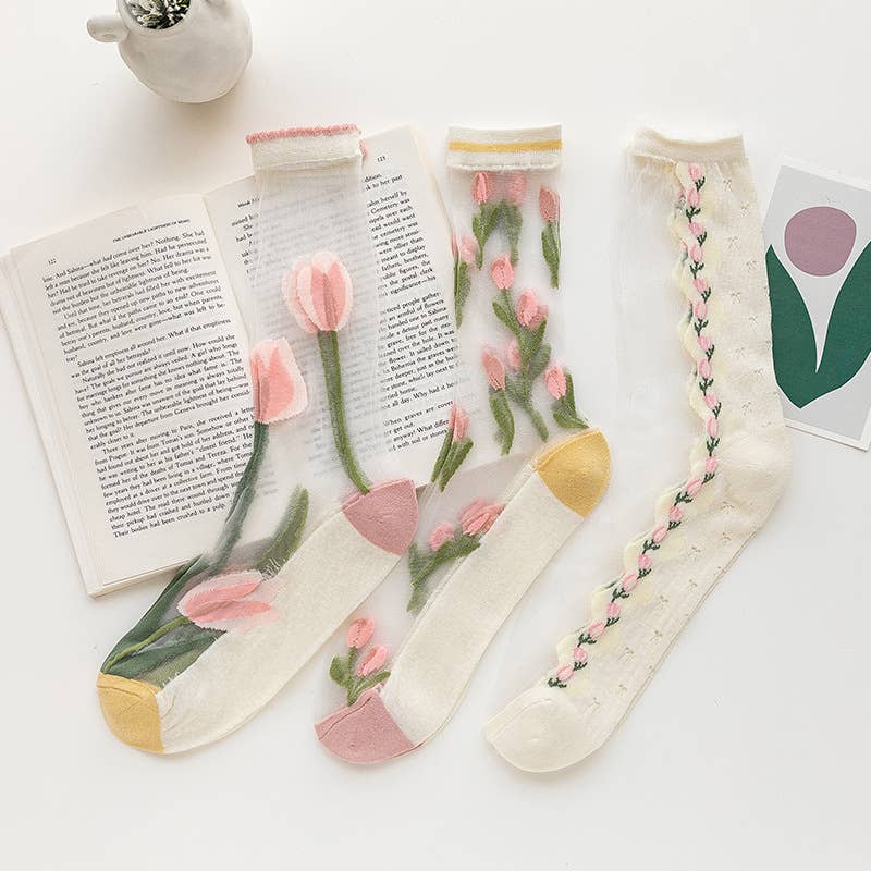 Sheer Tulip Embroidered Crew Socks