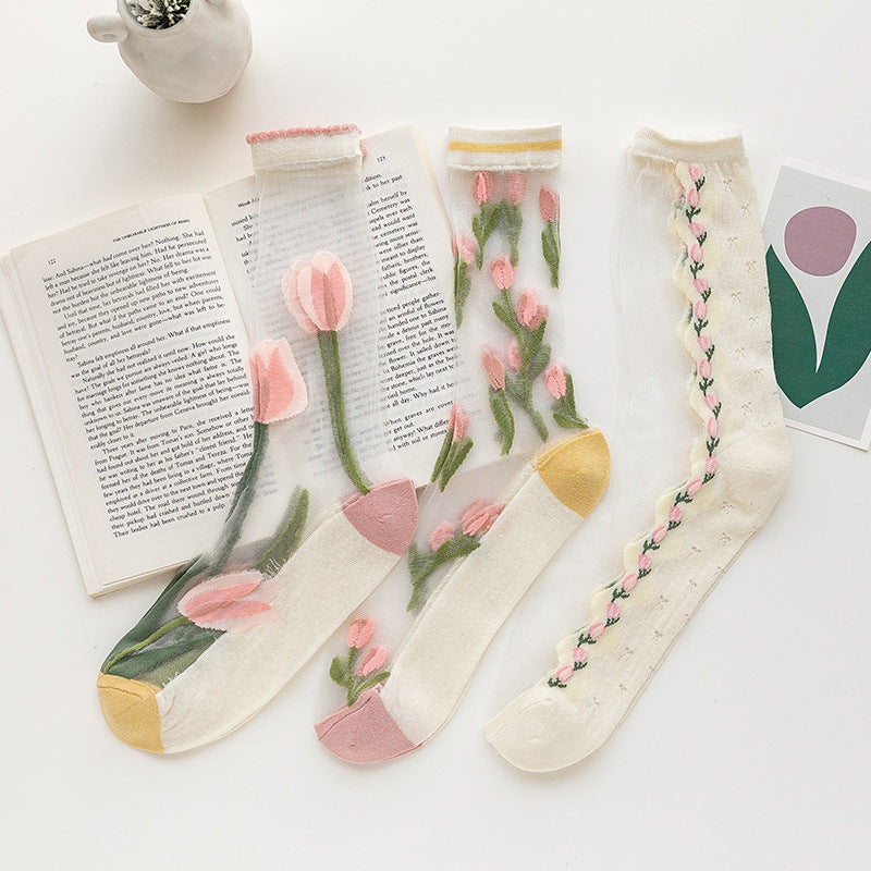 Sheer Tulip Embroidered Crew Socks - view 1