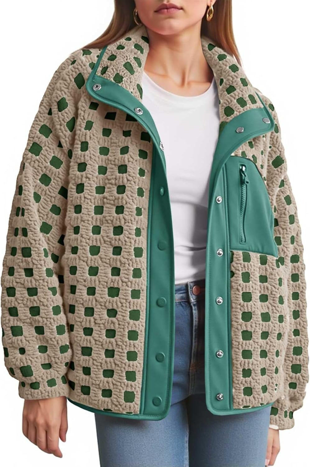 Checkerboard Fleece Zip Jacket With Snap Front - Green