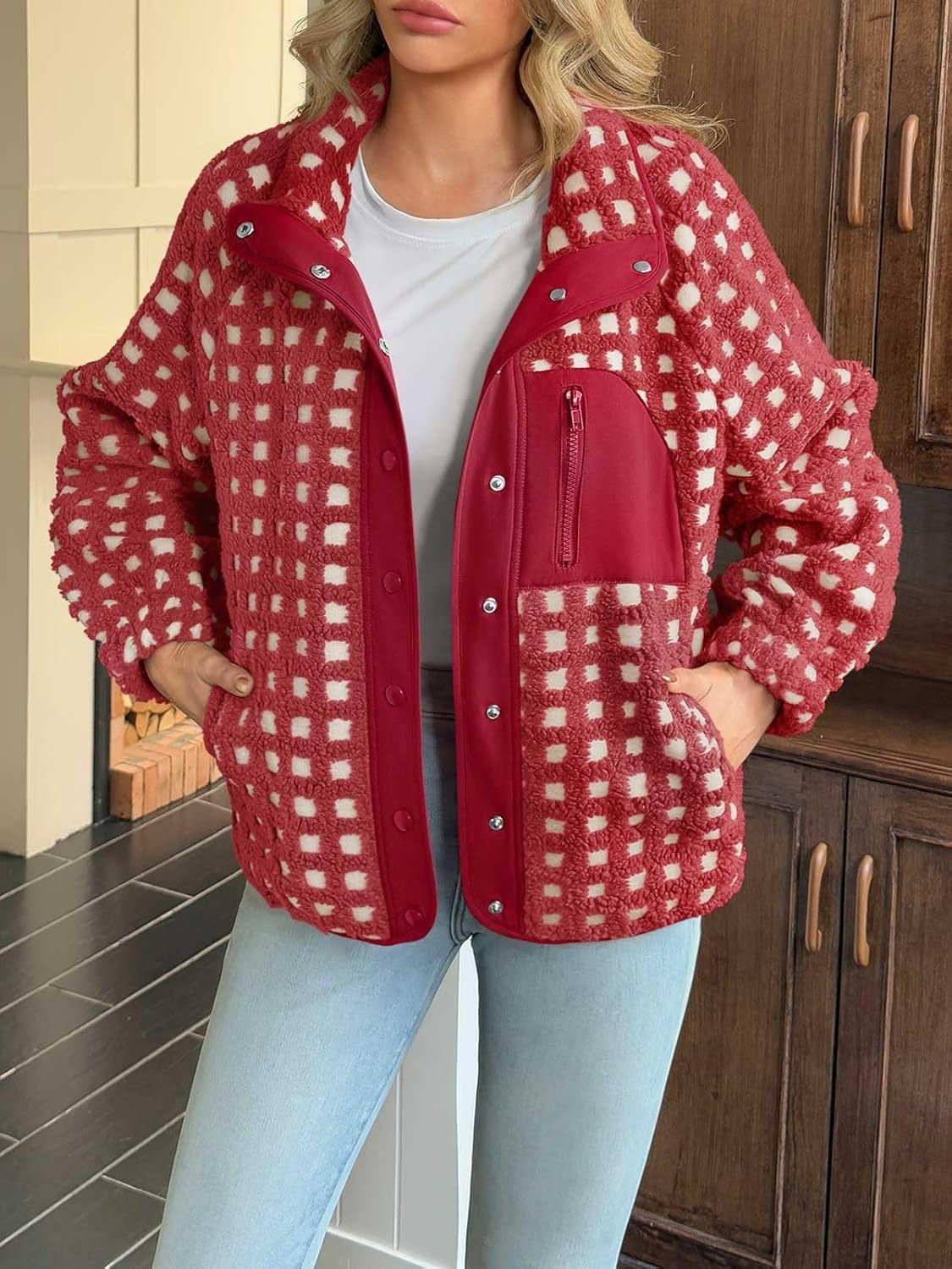 Checkerboard Fleece Zip Jacket With Snap Front - Red - 1
