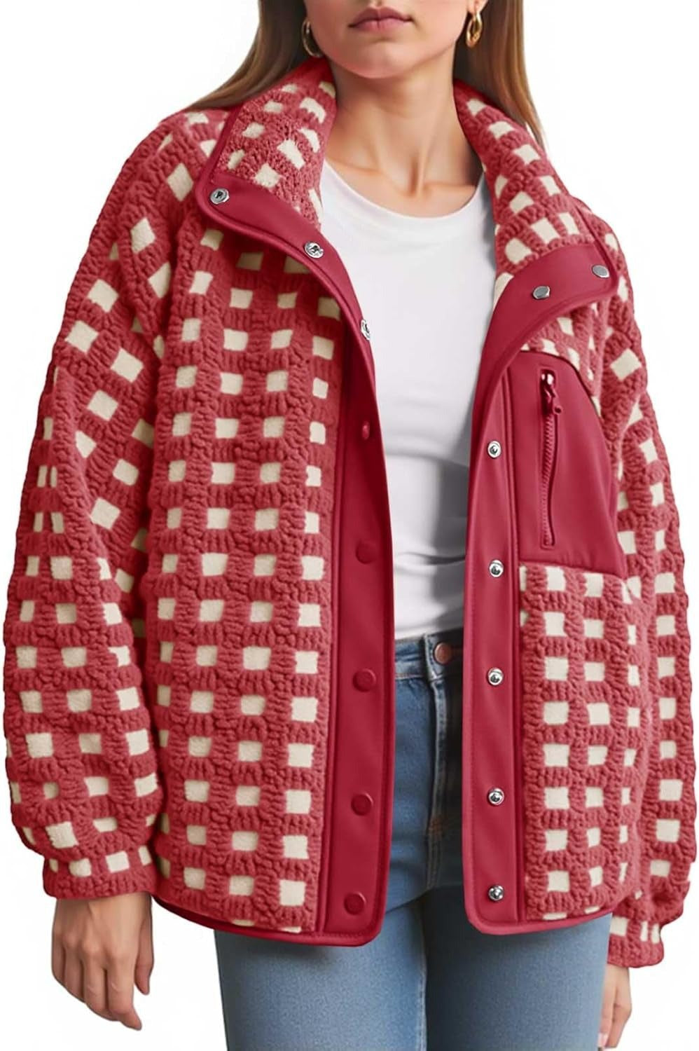 Checkerboard Fleece Zip Jacket With Snap Front - Red - 2