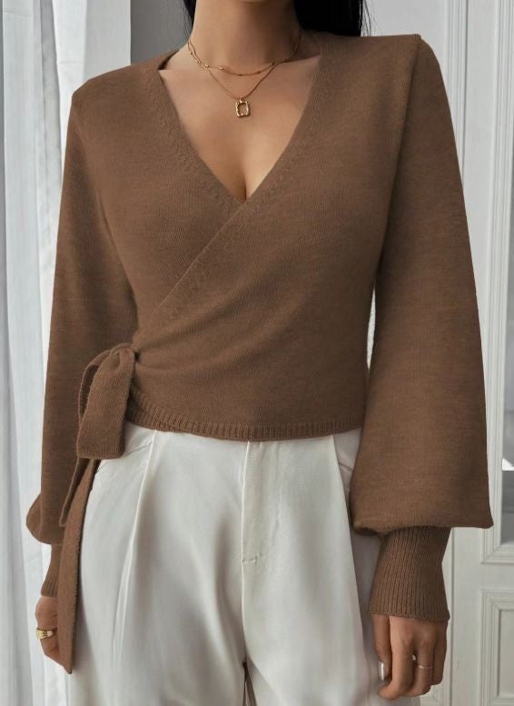 Balloon Sleeve Wrap Front Tie Knit Top - Coffee