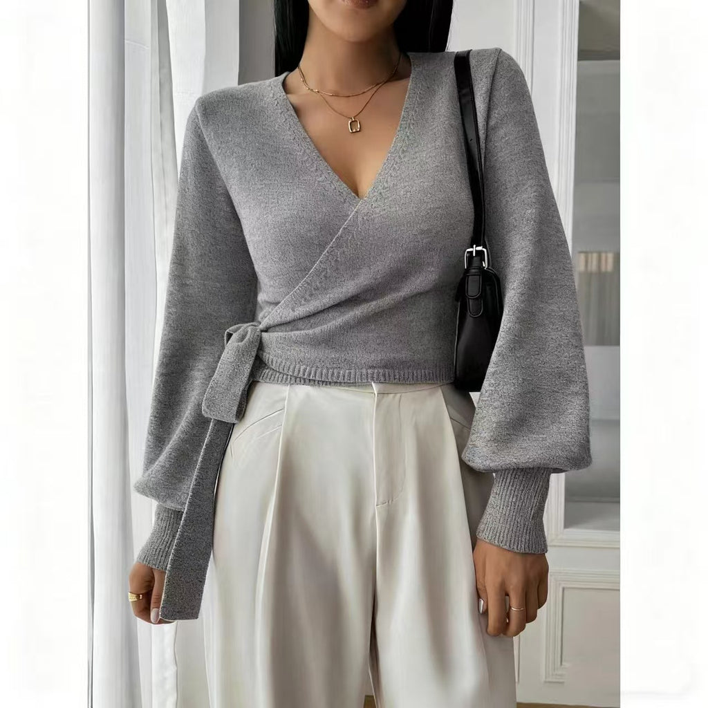 Balloon Sleeve Wrap Front Tie Knit Top - Grey