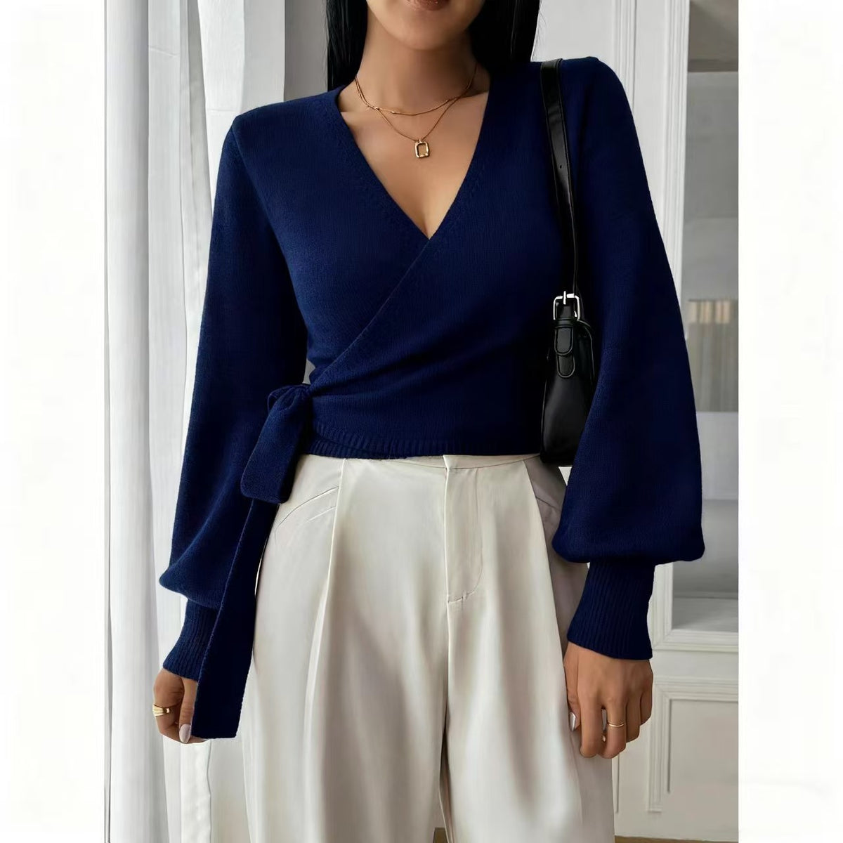 Balloon Sleeve Wrap Front Tie Knit Top - Navy