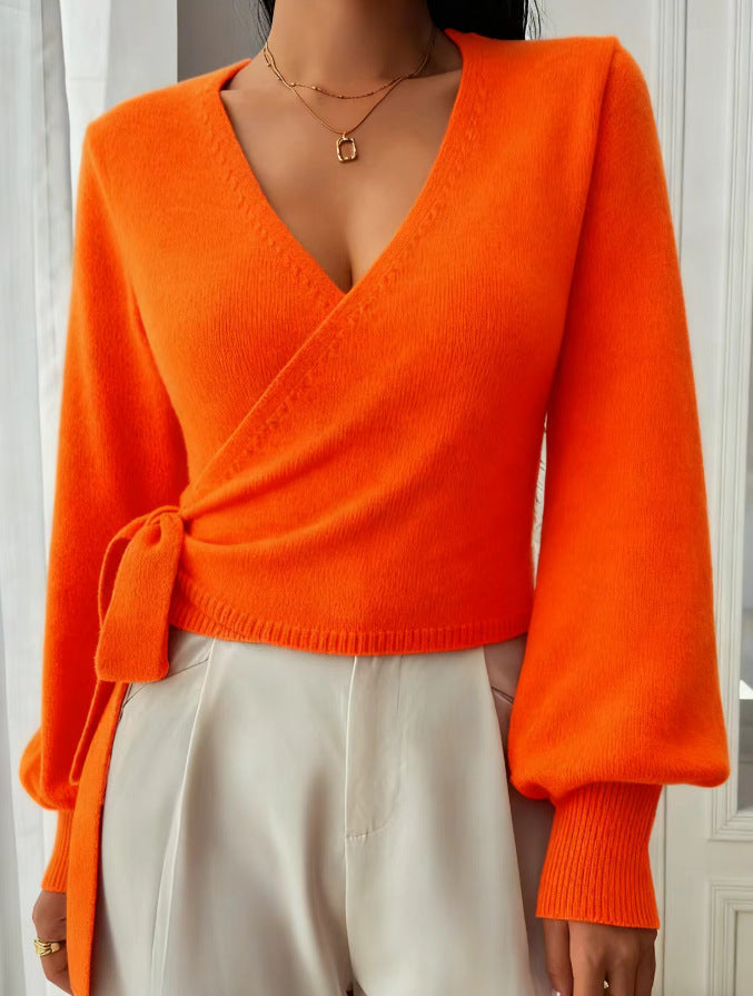 Balloon Sleeve Wrap Front Tie Knit Top - Orange