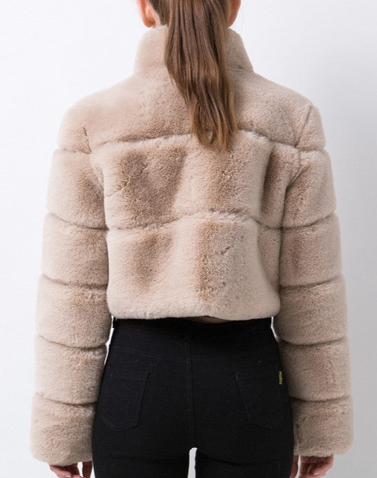 Cropped Panelled Faux Fur Stand Collar Coat - Apricot - 1