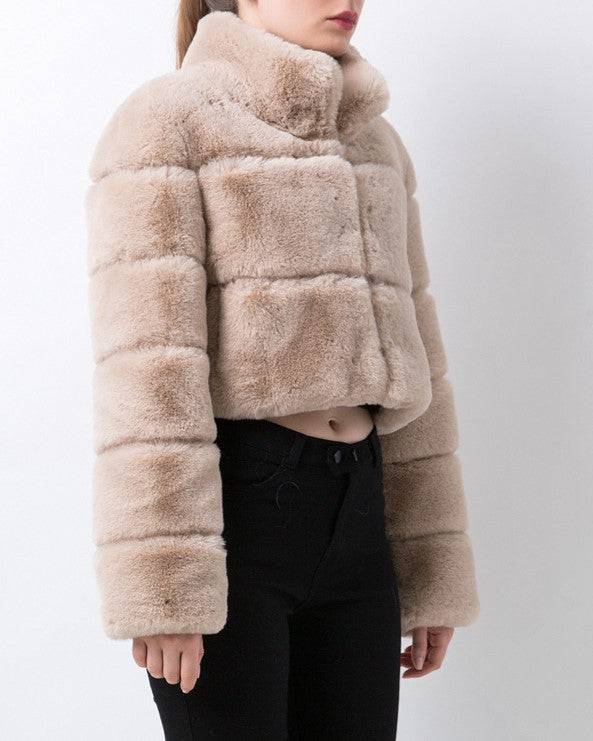 Cropped Panelled Faux Fur Stand Collar Coat - Apricot - 2
