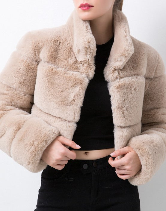 Cropped Panelled Faux Fur Stand Collar Coat - Apricot - 3