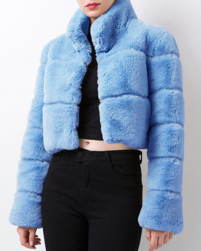 Cropped Panelled Faux Fur Stand Collar Coat - Blue