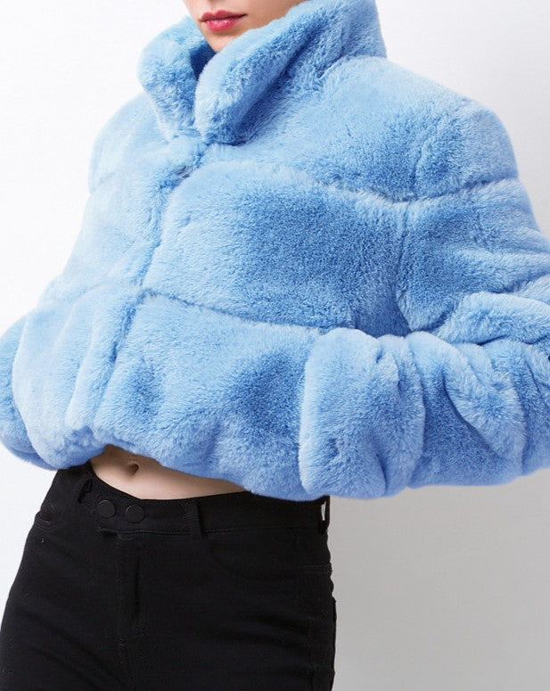 Cropped Panelled Faux Fur Stand Collar Coat - Blue - 1