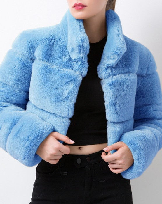 Cropped Panelled Faux Fur Stand Collar Coat - Blue - 2