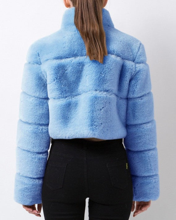 Cropped Panelled Faux Fur Stand Collar Coat - Blue - 3