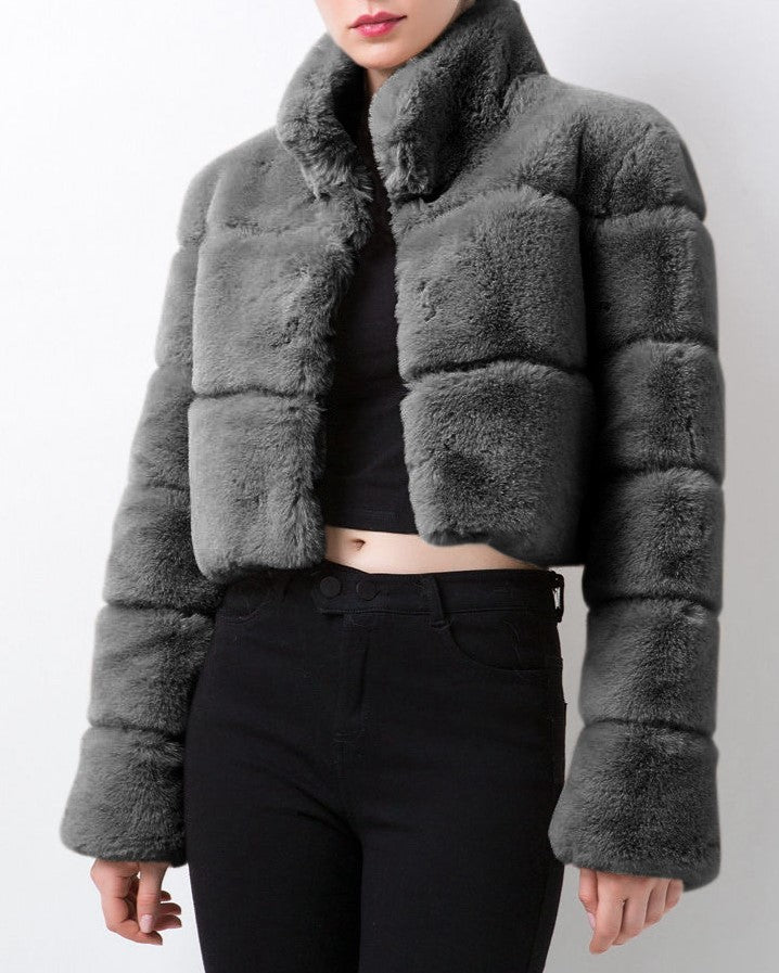 Cropped Panelled Faux Fur Stand Collar Coat - DarkGrey