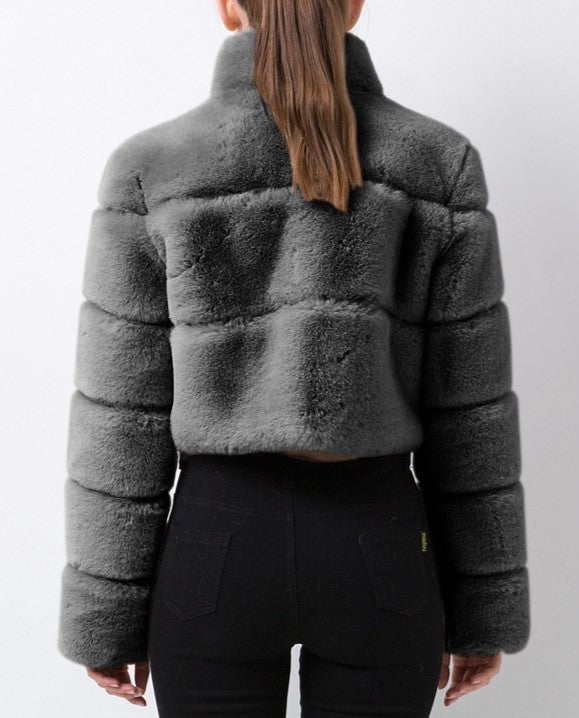 Cropped Panelled Faux Fur Stand Collar Coat - DarkGrey - 1