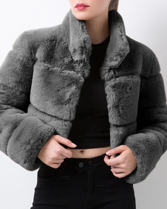 Cropped Panelled Faux Fur Stand Collar Coat - DarkGrey - 2