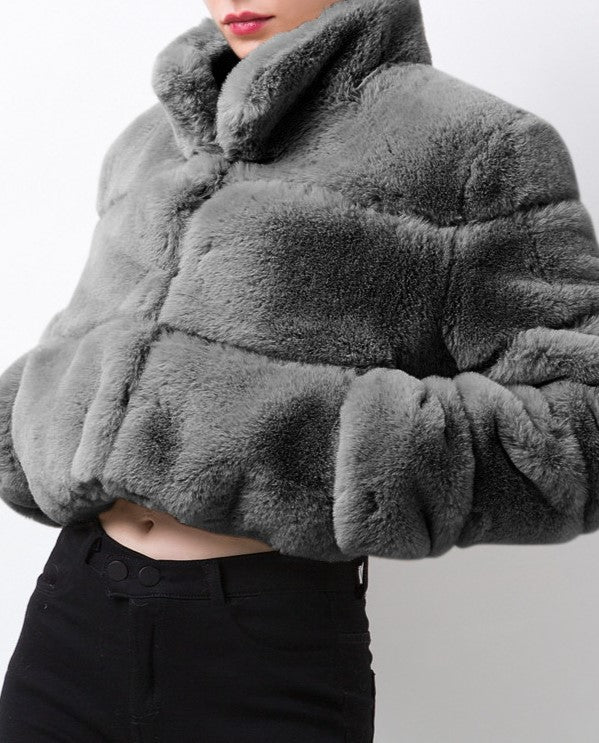 Cropped Panelled Faux Fur Stand Collar Coat - DarkGrey - 3