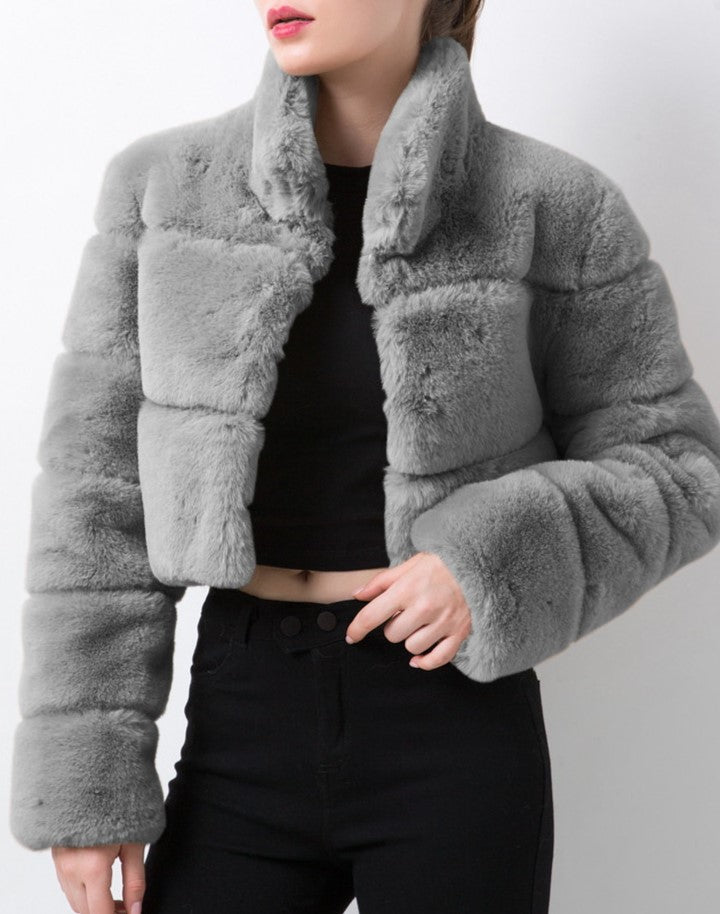 Cropped Panelled Faux Fur Stand Collar Coat - Grey