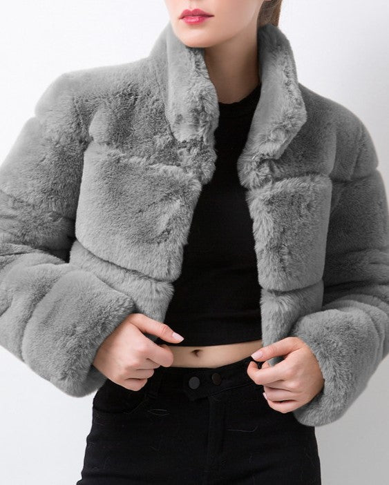 Cropped Panelled Faux Fur Stand Collar Coat - Grey - 1