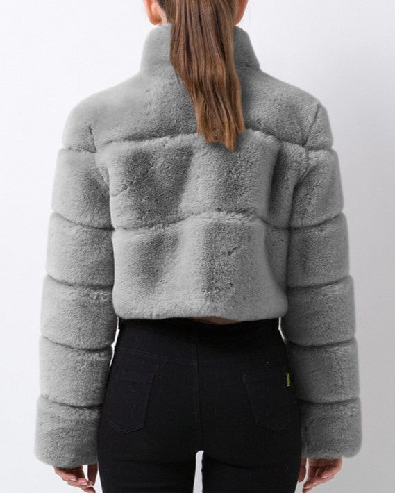 Cropped Panelled Faux Fur Stand Collar Coat - Grey - 2