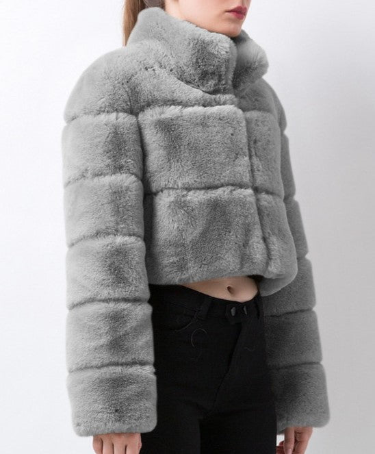 Cropped Panelled Faux Fur Stand Collar Coat - Grey - 3