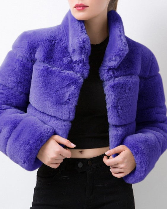 Cropped Panelled Faux Fur Stand Collar Coat - Purple
