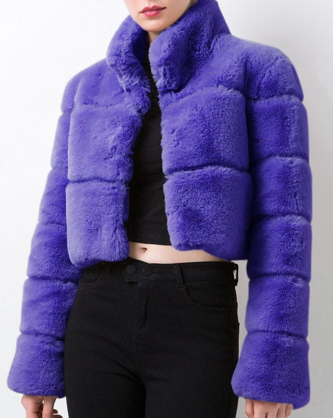 Cropped Panelled Faux Fur Stand Collar Coat - Purple - 1