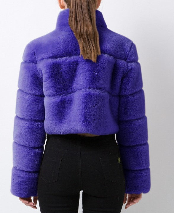 Cropped Panelled Faux Fur Stand Collar Coat - Purple - 2