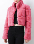Cropped Panelled Faux Fur Stand Collar Coat - RoseRed