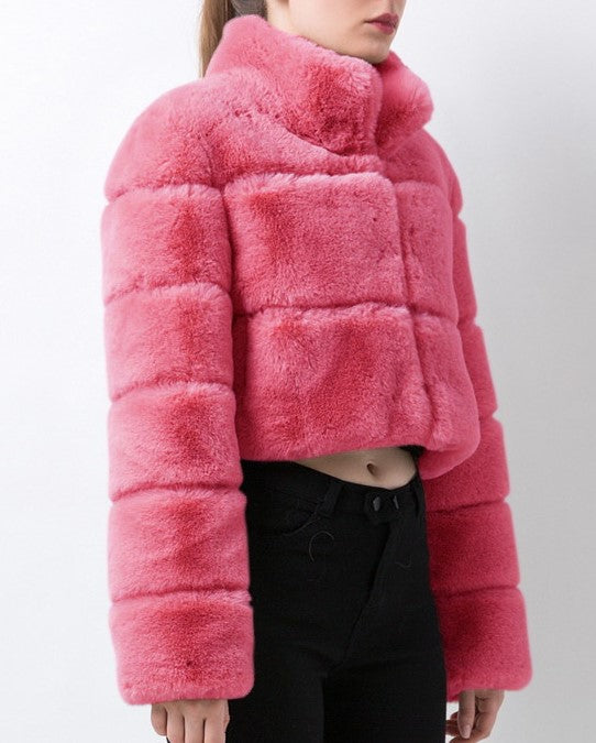Cropped Panelled Faux Fur Stand Collar Coat - RoseRed - 1