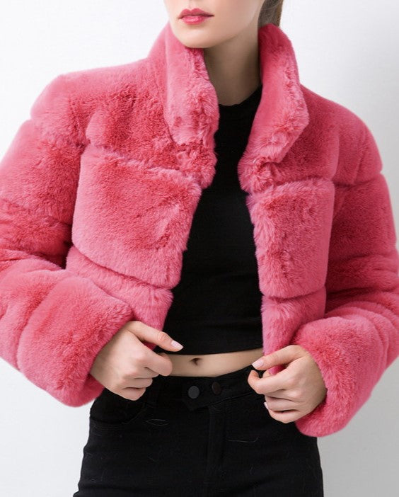 Cropped Panelled Faux Fur Stand Collar Coat - RoseRed - 2