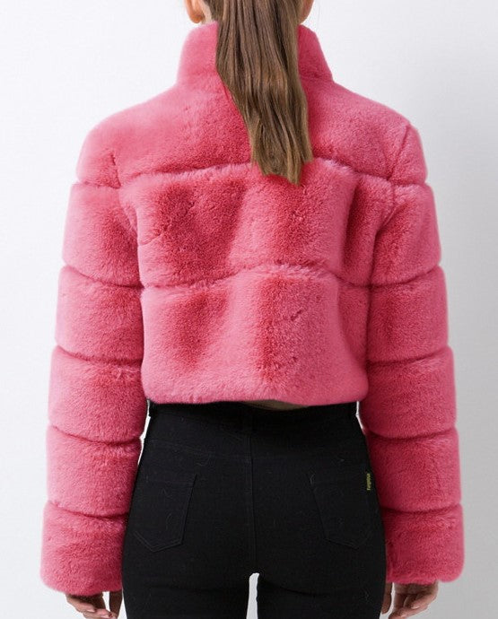 Cropped Panelled Faux Fur Stand Collar Coat - RoseRed - 3