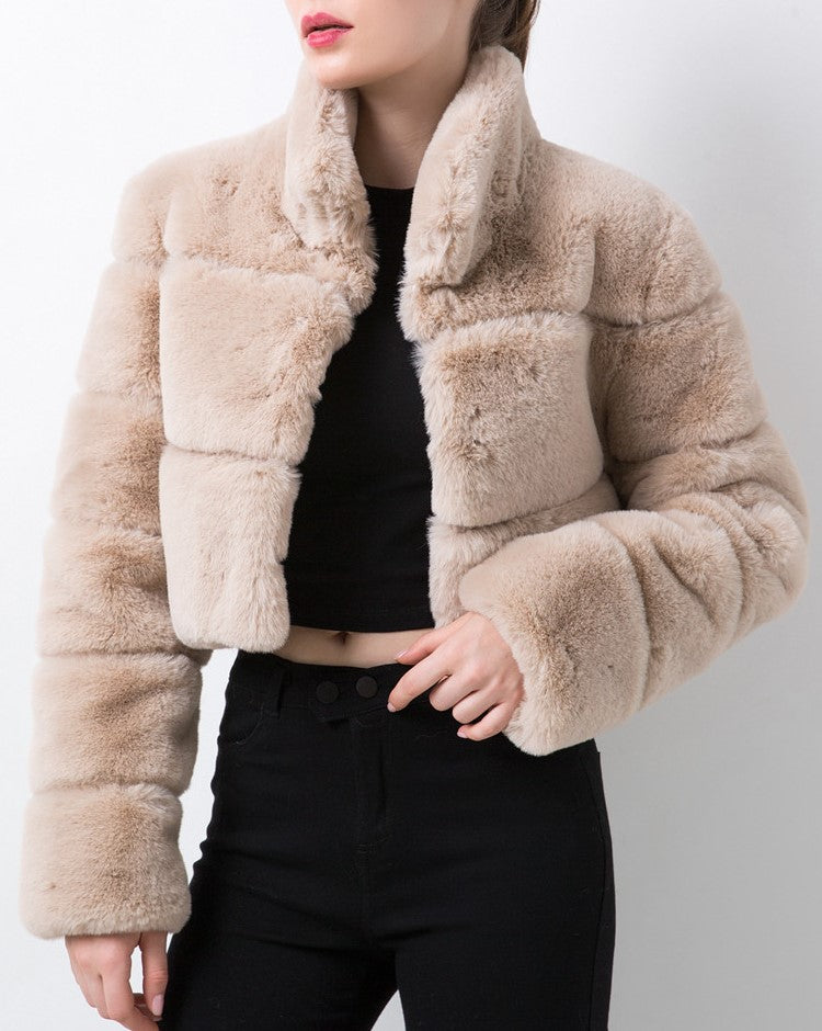 Cropped Panelled Faux Fur Stand Collar Coat