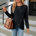 Ribbed Asymmetric Button Wrap Hem Top - Black