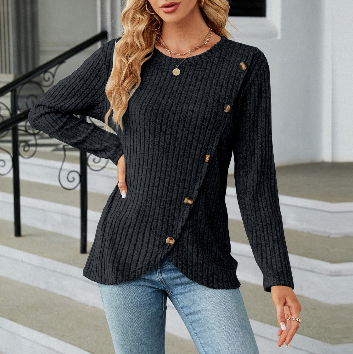 Ribbed Asymmetric Button Wrap Hem Top - Black - 1